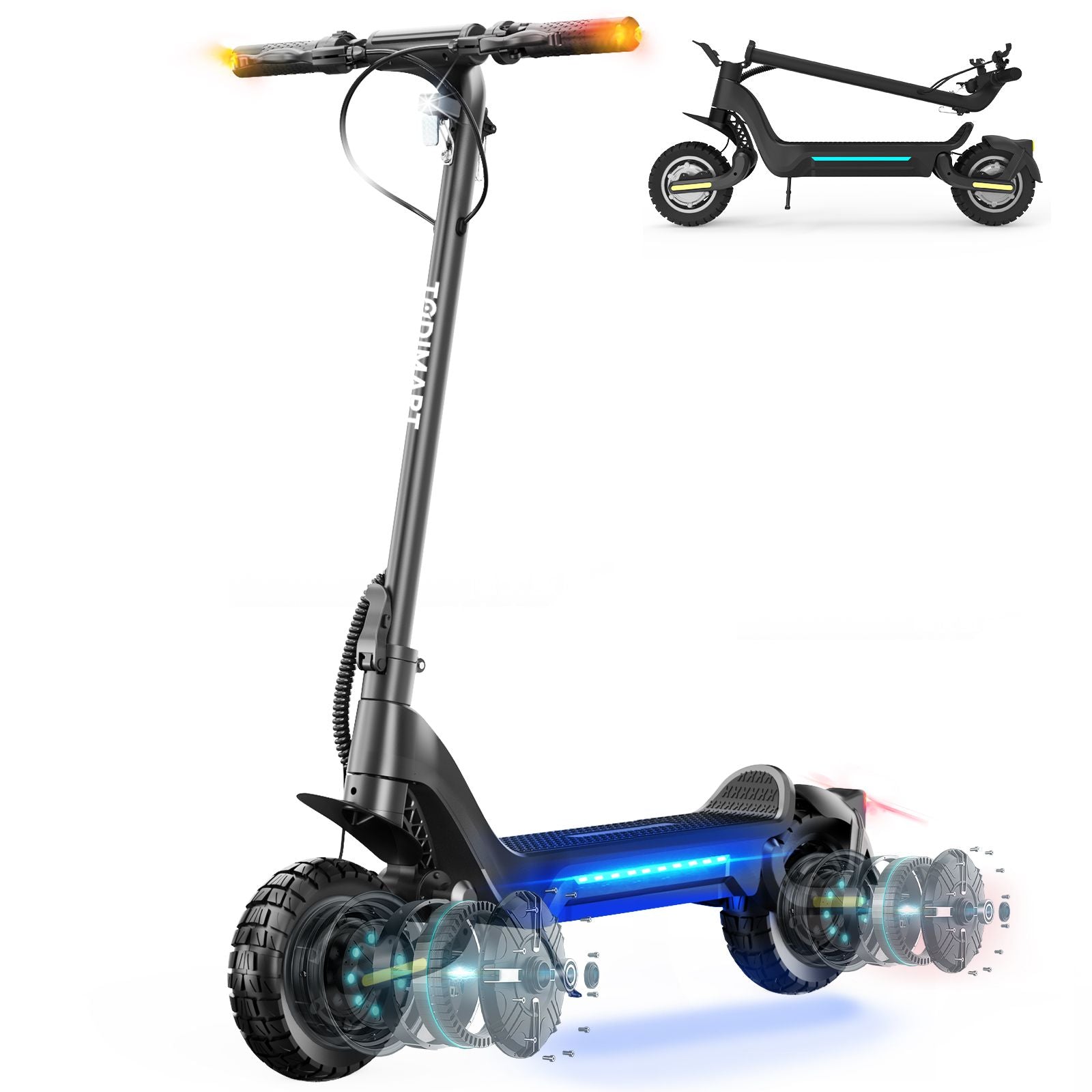 A Todimart X5S off-road electric scooter: Black Todimart X5S electric scooter (with 10-inch off-road tires) – foldable – blue ambient lighting on the sides – left and right turn signals – also very suitable for city commuting